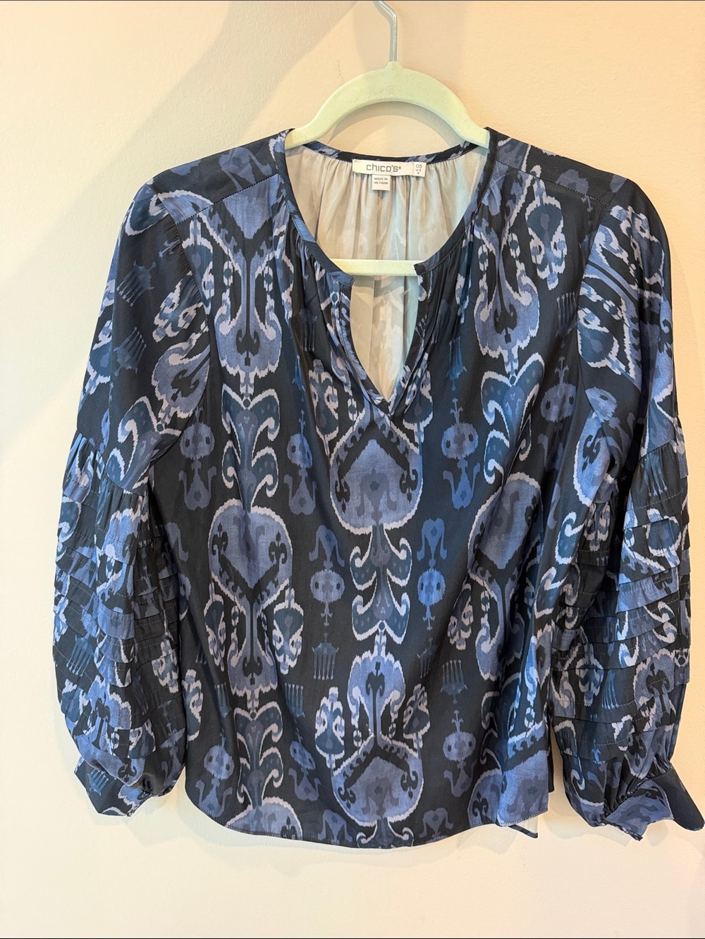 Chico's Navy and Periwinkle Ikat Print V-Neck Blouse